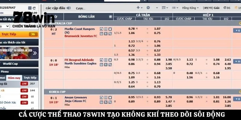 Cá cược thể thao 78Win tạo không khí theo dõi sôi động